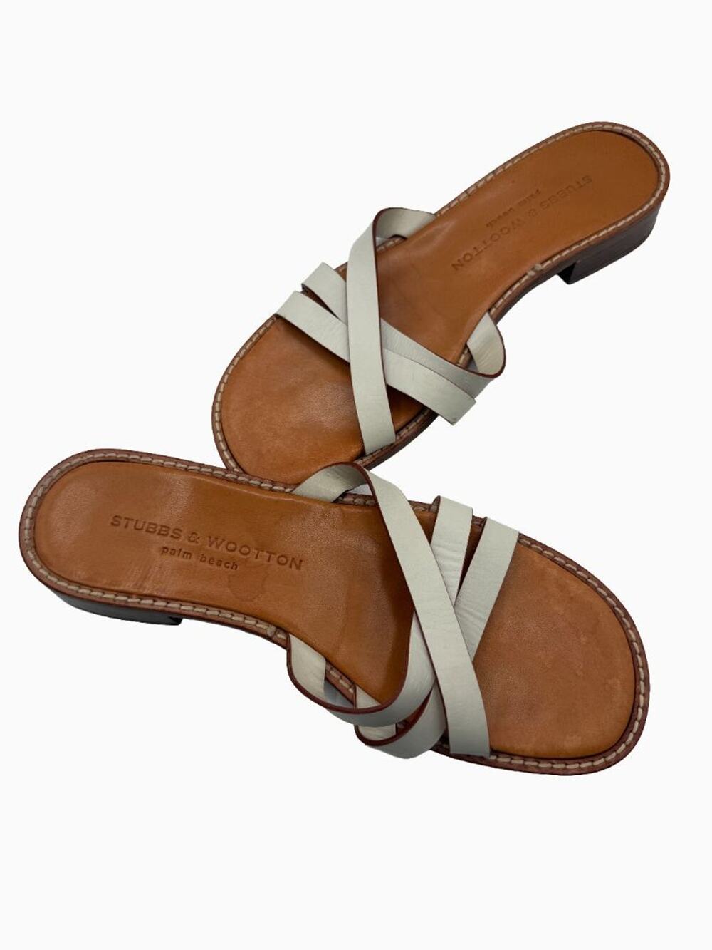 Stubbs & Wootton Palm Beach White Leather Slide Sandals Italy Women's Size 8